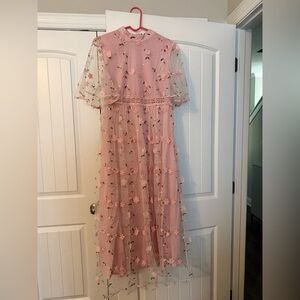 SHEIN Pink Flutter Sleeve Mock Neck Sundress for Prom